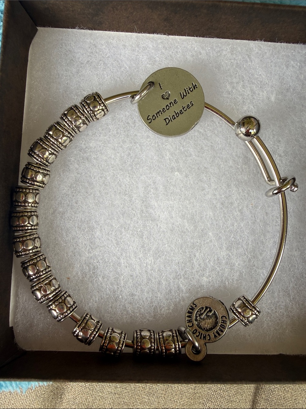 Silver-Tone Beaded Expandable Bracelet with Engraved Disc